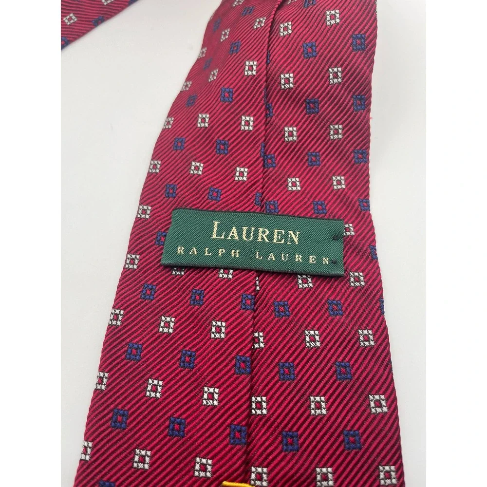 Lauren Ralph Lauren Mens Silk Cotton Burgundy Red Geometric Medallion Tie USA